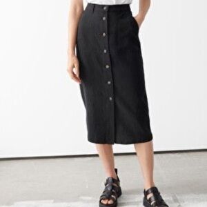 & Other Stories Black Lyocell Linen Blend Pencil Button Front Midi Skirt Size 2